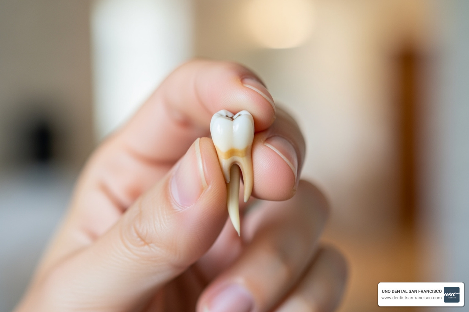 illustrating how to properly hold a knocked-out tooth by the crown - Emergency dentist SF