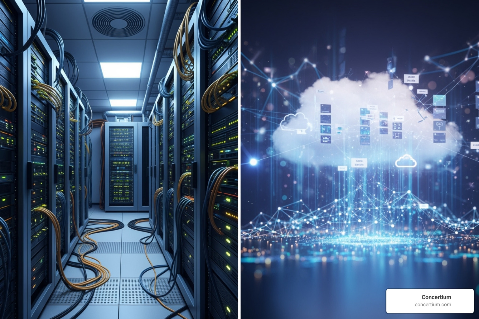 Comparison of an on-premises server room vs. a cloud services diagram - network monitor software