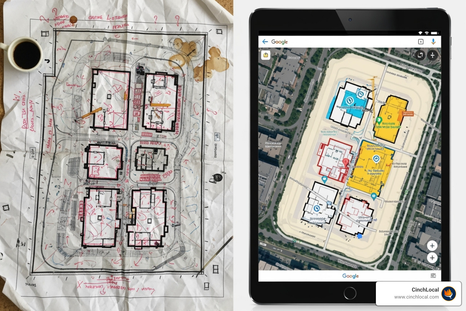 Confusing, marked-up PDF site plan contrasted with a clean, interactive Google Map on a screen - Google Maps for contractors
