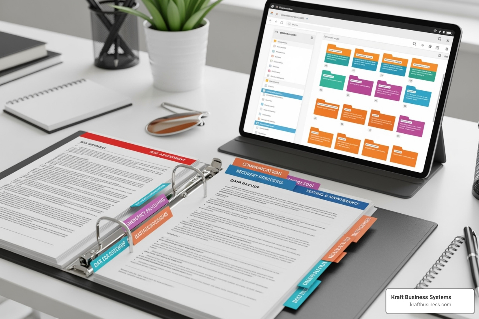 A detailed image of a documented BCDR plan, perhaps a binder with tabs or a digital file structure, showing sections for various recovery procedures and team roles - business continuity and data recovery