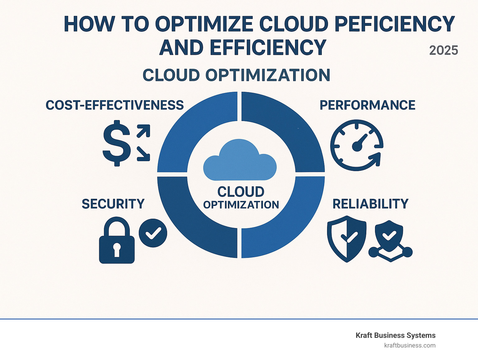 Infographic showing the four pillars of cloud optimization: Cost-Effectiveness pillar with dollar sign and rightsizing icons, Performance pillar with speed gauges and uptime metrics, Reliability pillar with redundancy symbols and disaster recovery shields, and Security pillar with lock icons and compliance checkmarks, all connected in a circular framework - how to optimize cloud performance and efficiency infographic 