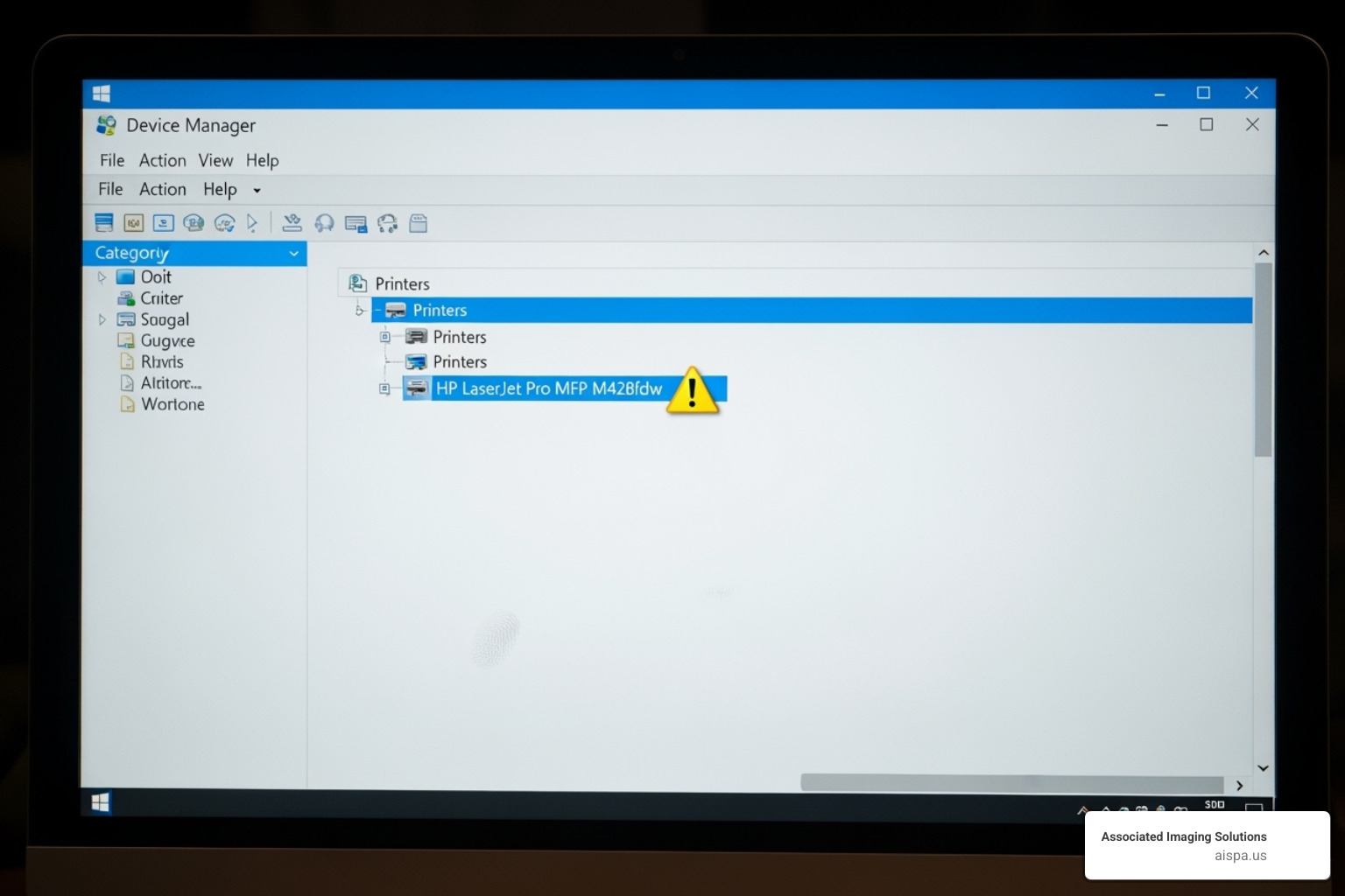 Windows Device Manager showing a printer with an error icon - download drivers for sharp ar 6020