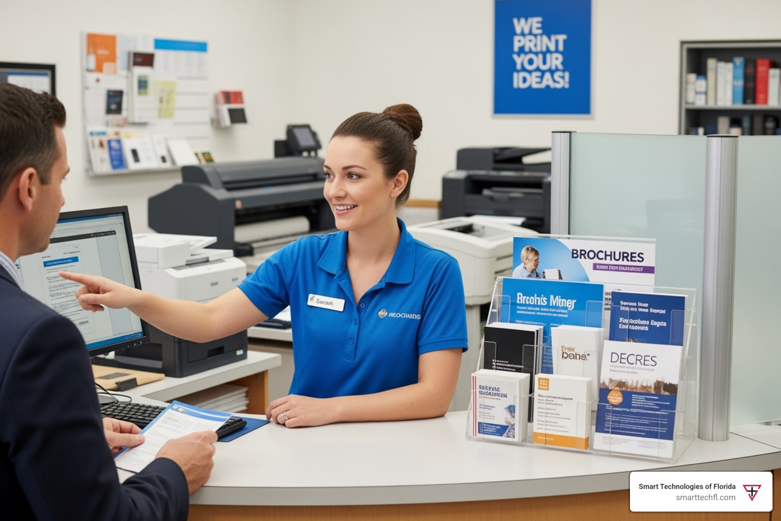 Friendly customer service representative helping a client at a print counter - Copying services Daytona Beach