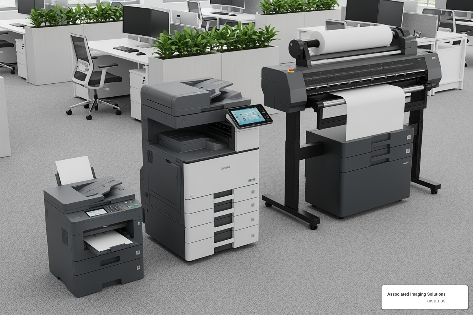 A lineup of different types of commercial printers including desktop, multifunction, and large format models. - commercial printers for lease