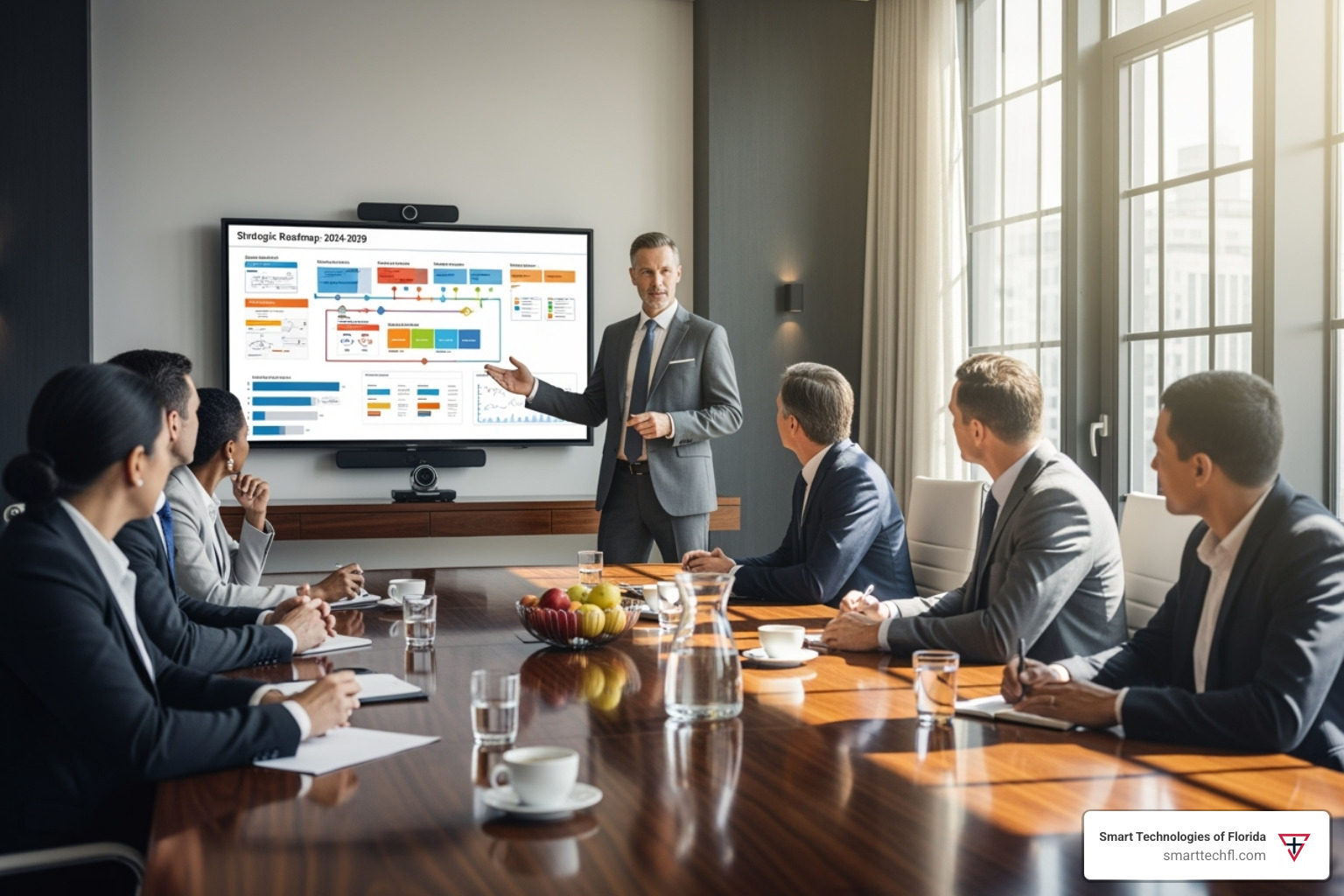 A consultant presenting a strategic roadmap to a board of executives - business change consultant A consultant presenting a strategic roadmap to a board of executives - business change consultant