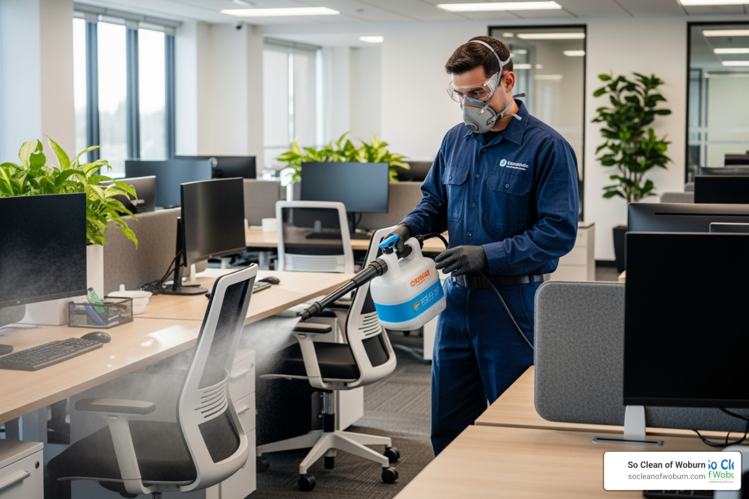 A uniformed technician using an electrostatic sprayer in a commercial setting - commercial disinfectant cleaning services