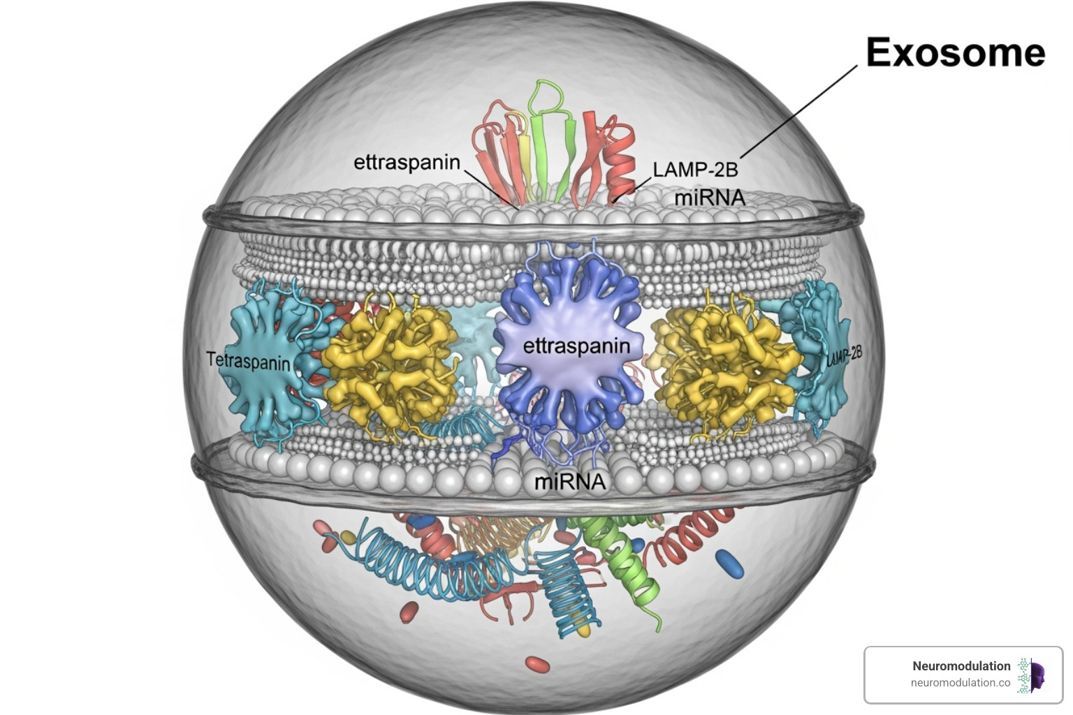 Detailed illustration of exosome structure showing the lipid bilayer, integral membrane proteins (e.g., tetraspanins, LAMP-2B), and encapsulated cargo including mRNA, miRNA, and soluble proteins - engineering exosomes for targeted drug delivery Detailed illustration of exosome structure showing the lipid bilayer, integral membrane proteins (e.g., tetraspanins, LAMP-2B), and encapsulated cargo including mRNA, miRNA, and soluble proteins - engineering exosomes for targeted drug delivery