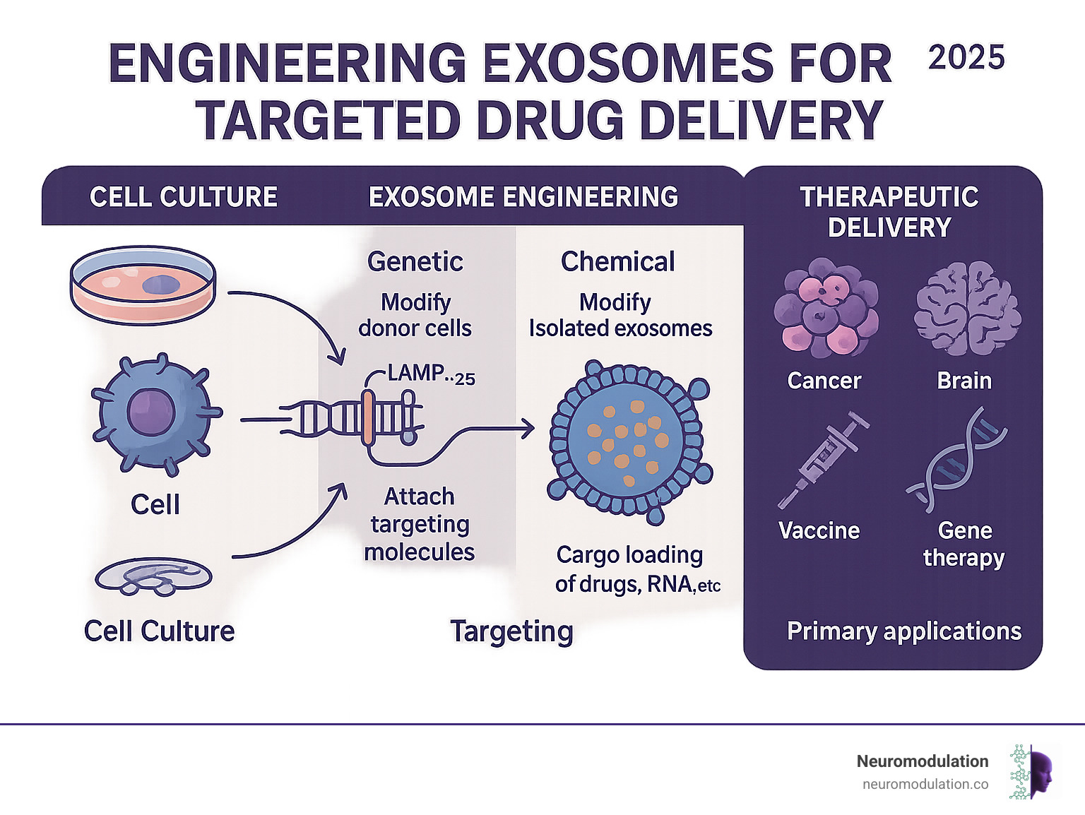 Comprehensive infographic showing exosome engineering process from cell culture through genetic or chemical modification to targeted therapeutic delivery, including molecular structure, targeting mechanisms, and clinical applications - engineering exosomes for targeted drug delivery infographic Comprehensive infographic showing exosome engineering process from cell culture through genetic or chemical modification to targeted therapeutic delivery, including molecular structure, targeting mechanisms, and clinical applications - engineering exosomes for targeted drug delivery infographic