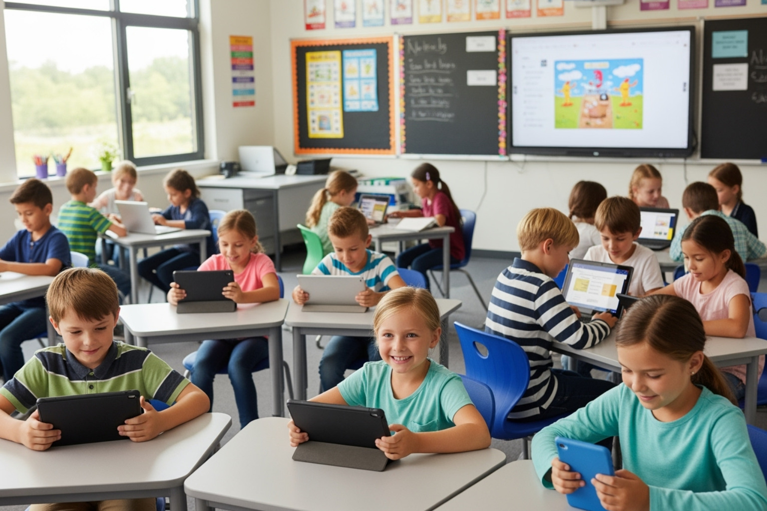 diverse group of students happily engaged with learning on different devices - classroom 30x
