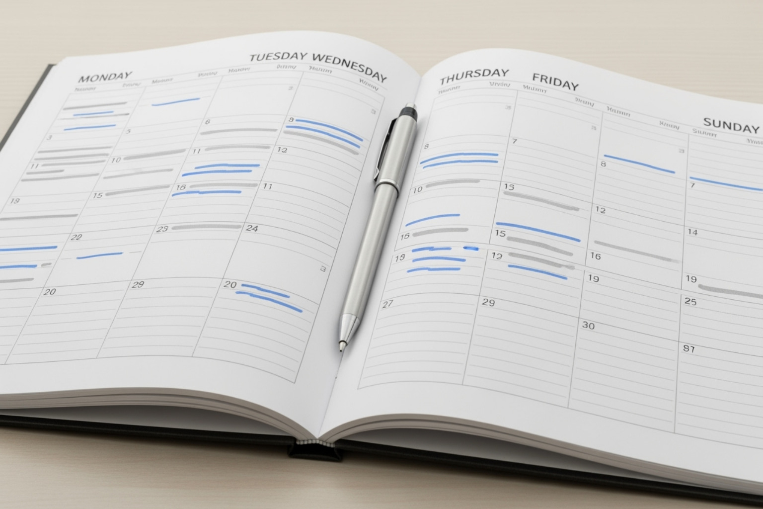 Calendar showing weekly and daily schedule - geekzilla podcast