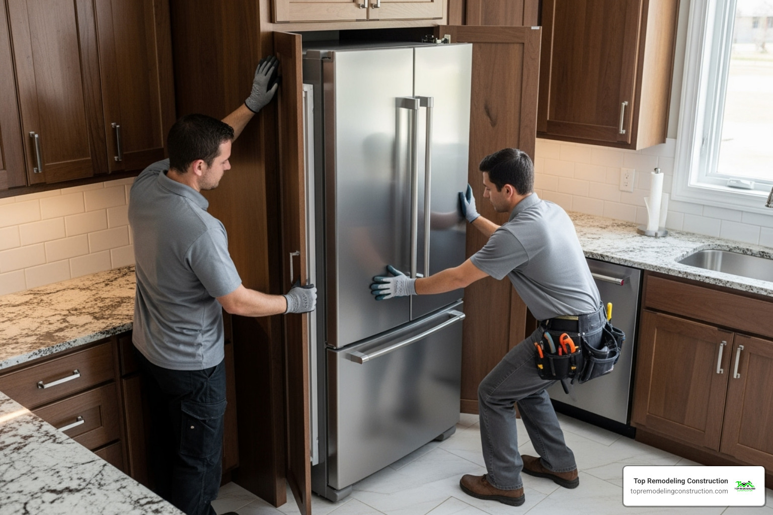 two installers carefully sliding a built-in refrigerator into its cabinet enclosure - built in refrigerator installation two installers carefully sliding a built-in refrigerator into its cabinet enclosure - built in refrigerator installation