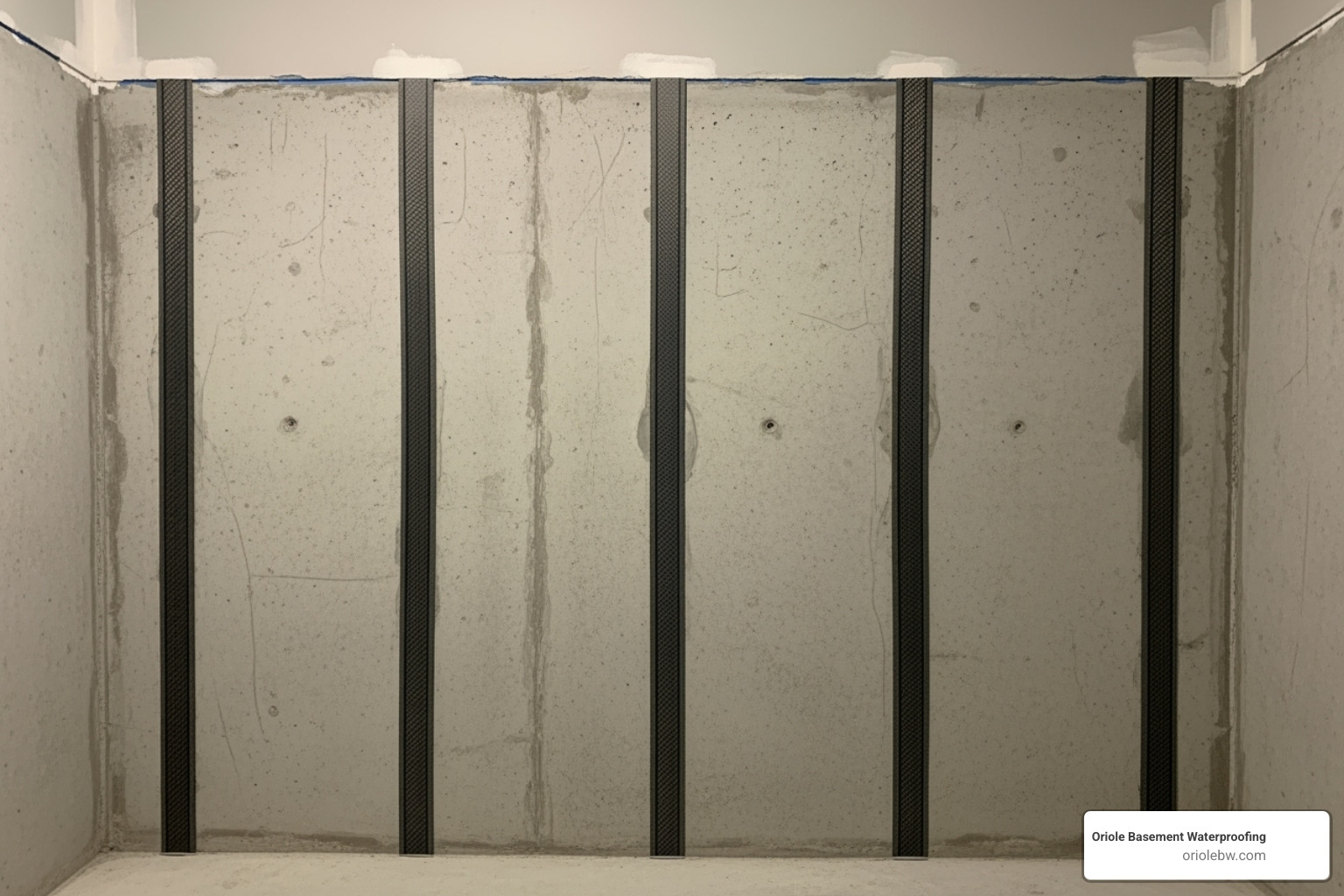 a clean, repaired foundation wall with carbon fiber straps installed - residential mold remediation baltimore md