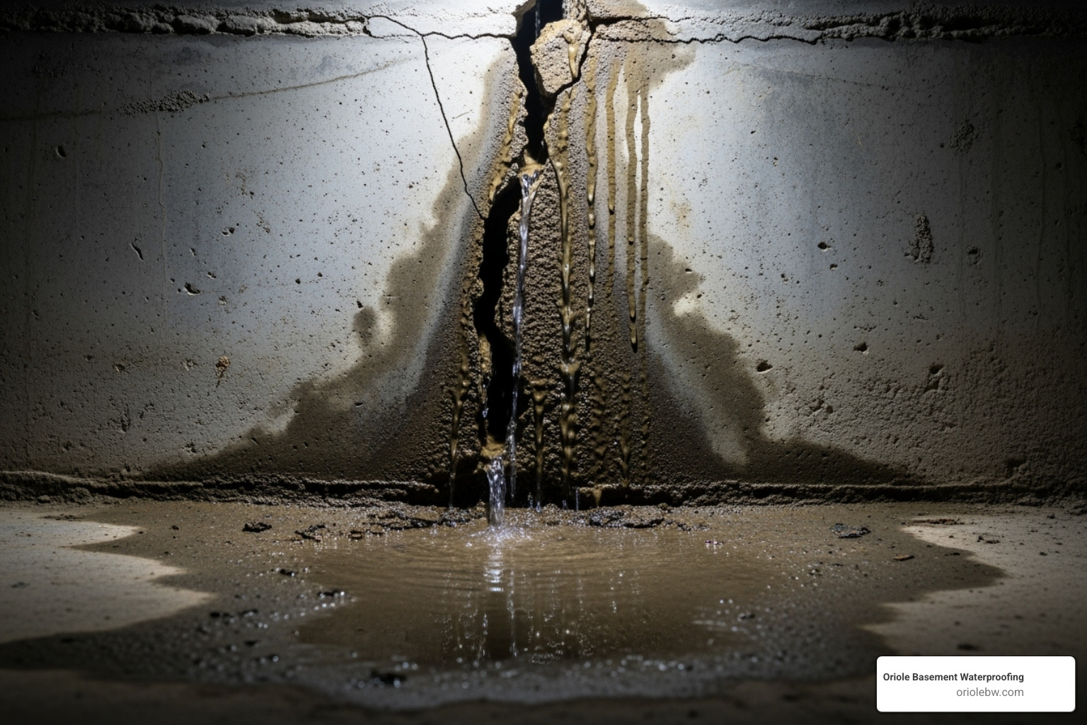 a cracked foundation wall with water seeping through - residential mold remediation baltimore md