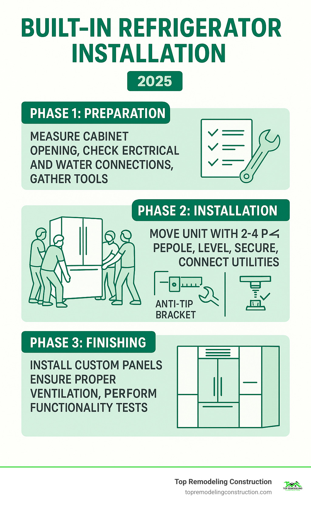 Infographic showing the 3 main phases of built-in refrigerator installation: Phase 1 Preparation (measuring cabinet opening, checking electrical and water connections, gathering tools), Phase 2 Installation (moving unit with 2-4 people, leveling with adjustment legs, securing with anti-tip brackets, connecting utilities), and Phase 3 Finishing (installing custom panels, ensuring proper ventilation, performing functionality tests) - built in refrigerator installation infographic Infographic showing the 3 main phases of built-in refrigerator installation: Phase 1 Preparation (measuring cabinet opening, checking electrical and water connections, gathering tools), Phase 2 Installation (moving unit with 2-4 people, leveling with adjustment legs, securing with anti-tip brackets, connecting utilities), and Phase 3 Finishing (installing custom panels, ensuring proper ventilation, performing functionality tests) - built in refrigerator installation infographic