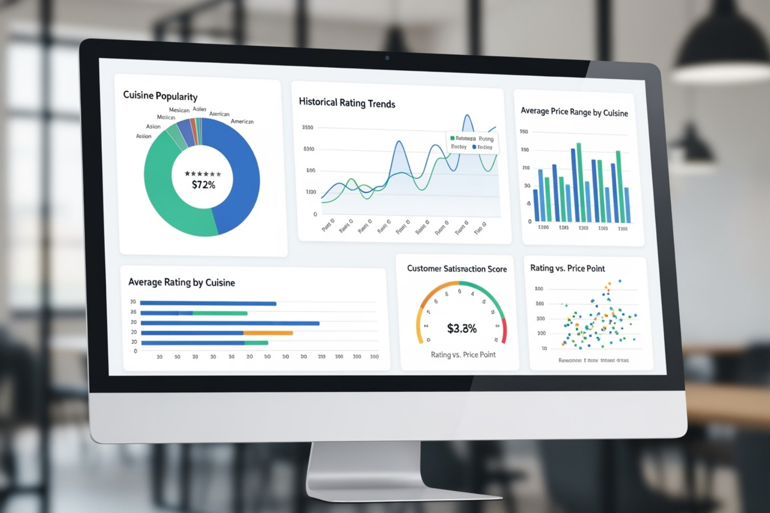 A dashboard showing analytics on restaurant ratings, average prices, and popular cuisines - list crawling