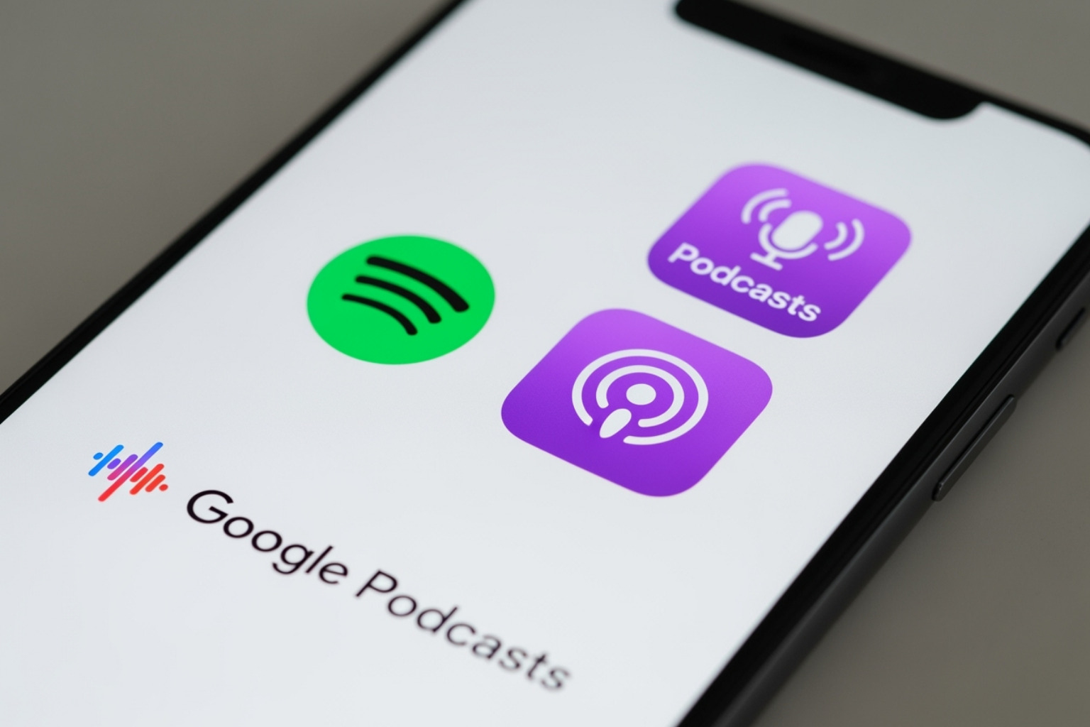 smartphone screen showing logos of major podcast apps like Spotify, Apple Podcasts, and Google Podcasts - geekzilla podcast