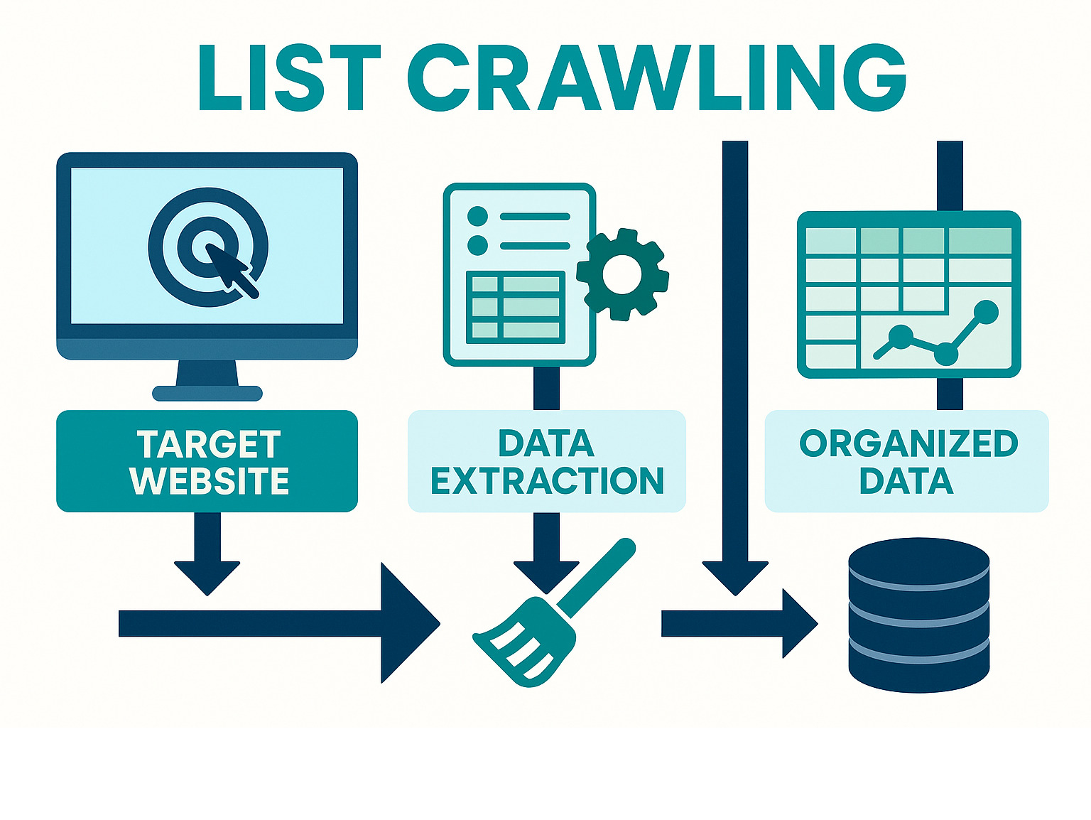 Infographic showing the list crawling process: starting with target website identification, moving through automated data extraction from structured lists and tables, then data cleaning and formatting, and ending with organized datasets ready for analysis and insights - list crawling infographic 
