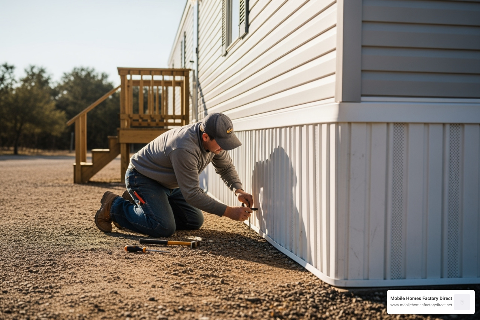 person performing simple maintenance on a mobile home's skirting - Single wide for sale