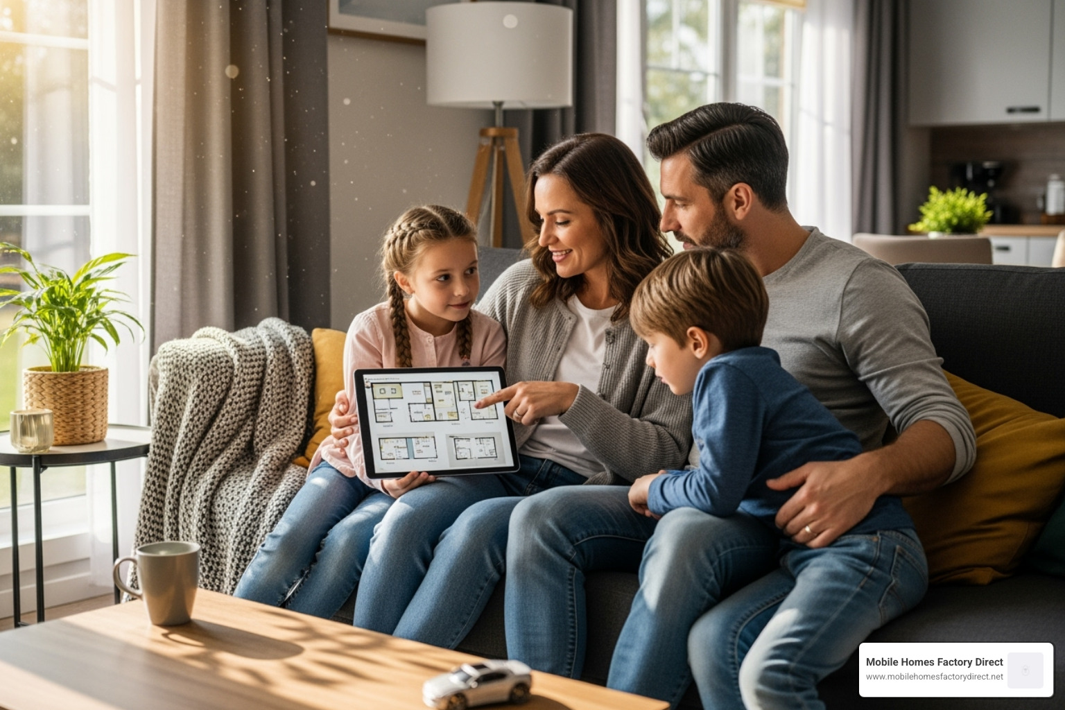 family browsing mobile home floor plans on a tablet - Single wide for sale