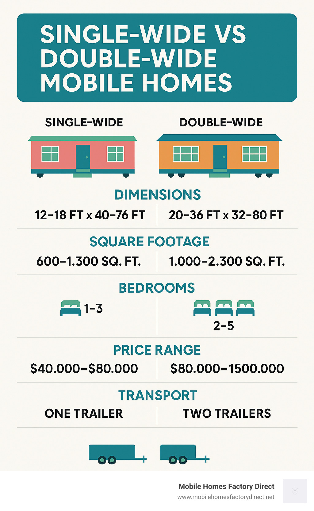 Detailed comparison infographic showing single-wide vs double-wide mobile homes with dimensions, square footage, bedroom configurations, price ranges, and transport requirements - Single wide for sale infographic 