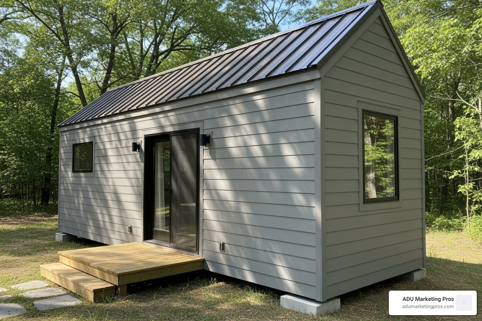 A Forever Tiny Home exterior, emphasizing its durable fiber cement siding and metal roof - tiny house builders california A Forever Tiny Home exterior, emphasizing its durable fiber cement siding and metal roof - tiny house builders california