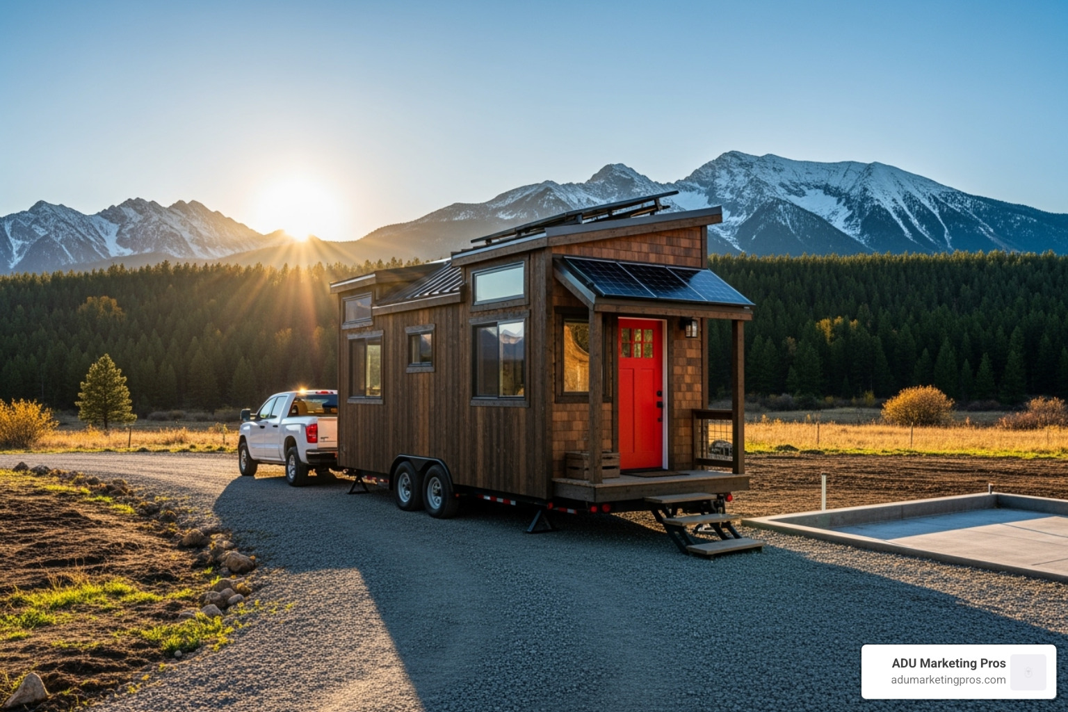 A tiny house on wheels being delivered to a property with a scenic mountain backdrop - tiny house builders california A tiny house on wheels being delivered to a property with a scenic mountain backdrop - tiny house builders california