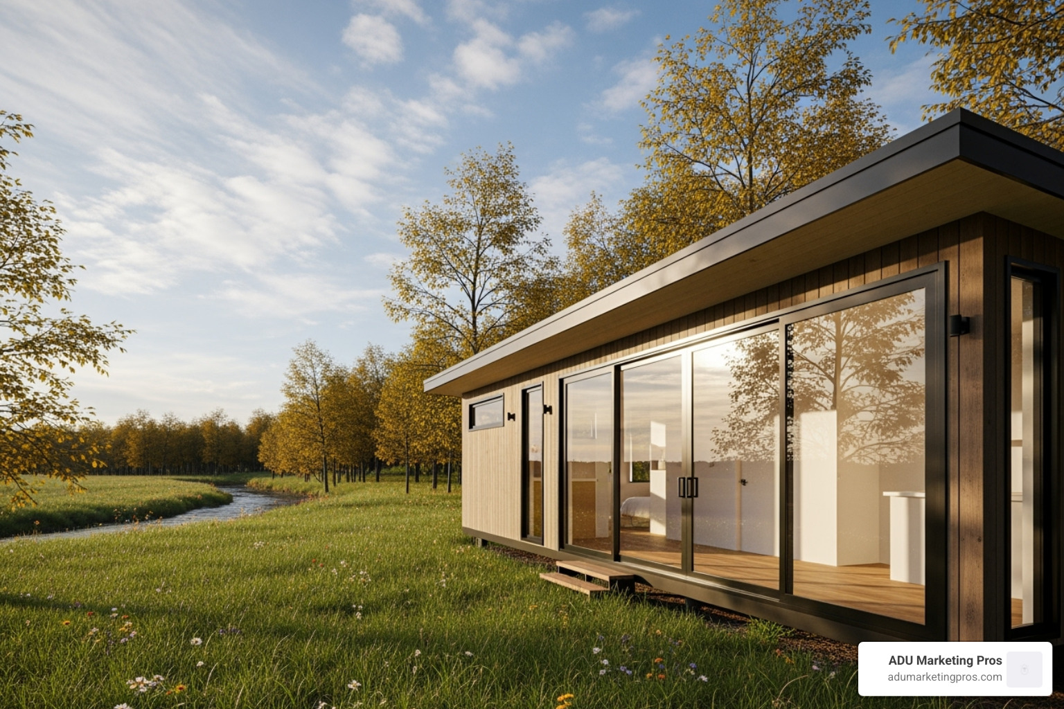 A sleek, minimalist Zen Tiny Home with clean lines and large glass doors, embodying a modern aesthetic - tiny house builders california A sleek, minimalist Zen Tiny Home with clean lines and large glass doors, embodying a modern aesthetic - tiny house builders california
