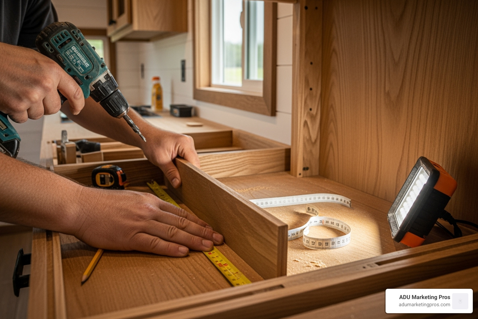 A craftsman carefully installing custom cabinetry inside a tiny home, highlighting quality and attention to detail - tiny house builders california A craftsman carefully installing custom cabinetry inside a tiny home, highlighting quality and attention to detail - tiny house builders california