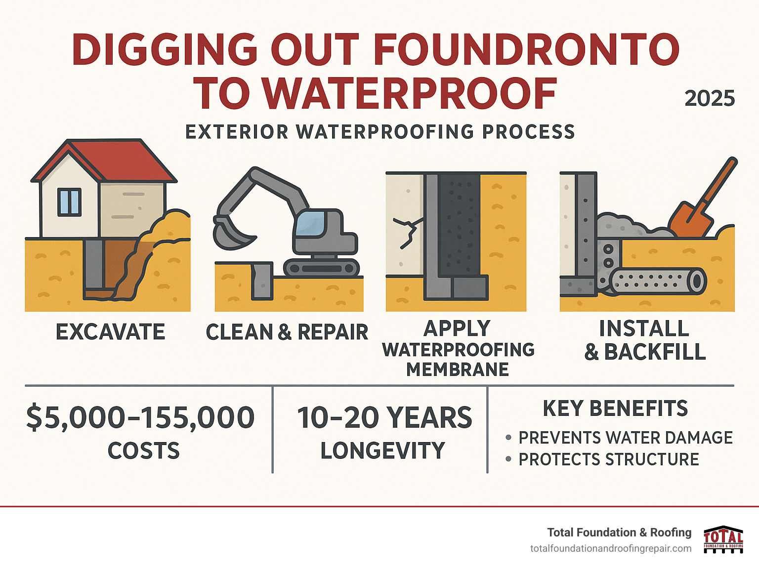 Infographic showing the complete exterior foundation waterproofing process from excavation to backfilling, including costs, timeline, and key benefits of digging out foundation to waterproof - digging out foundation to waterproof infographic 