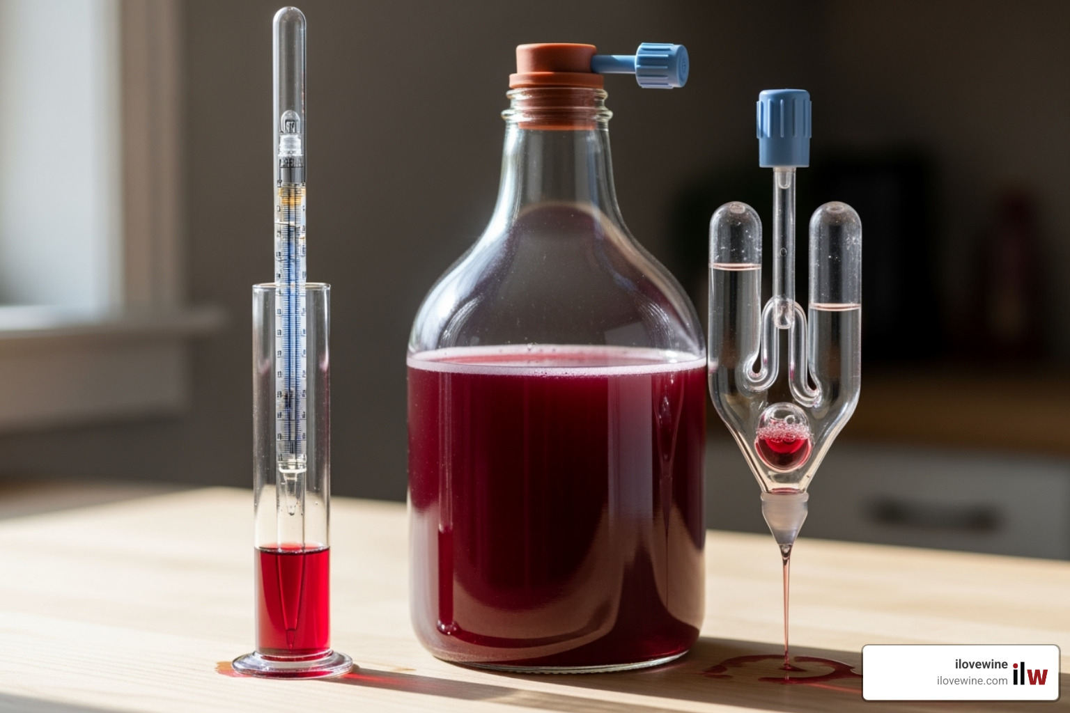 Basic home winemaking equipment, including a carboy, airlock, and hydrometer. - Wine Recipes