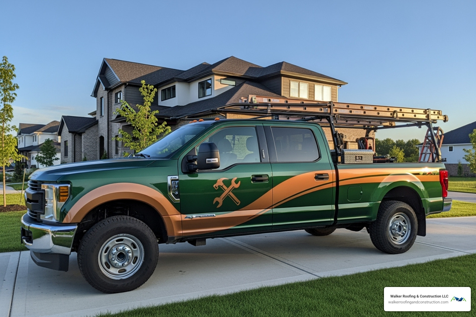 a contractor's truck with Walker Roofing & Construction LLC branding, licensing info, and certifications visible - metal roofing mentor