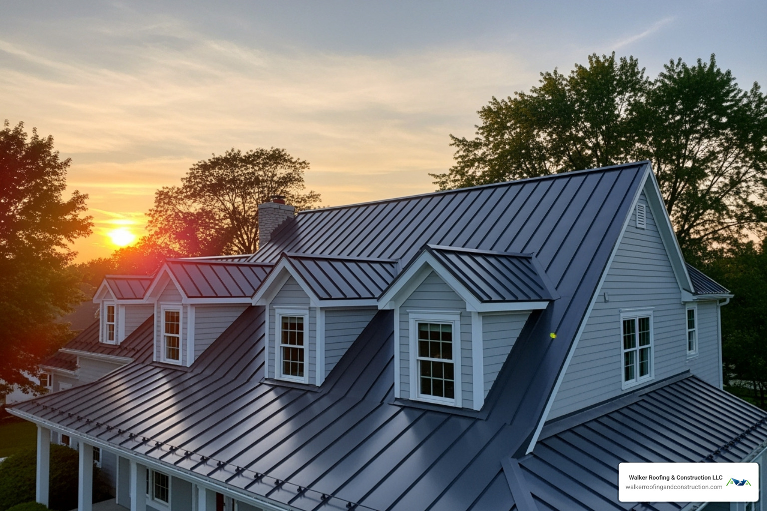 a beautiful, completed metal roof on a Mentor home at sunset - metal roofing mentor