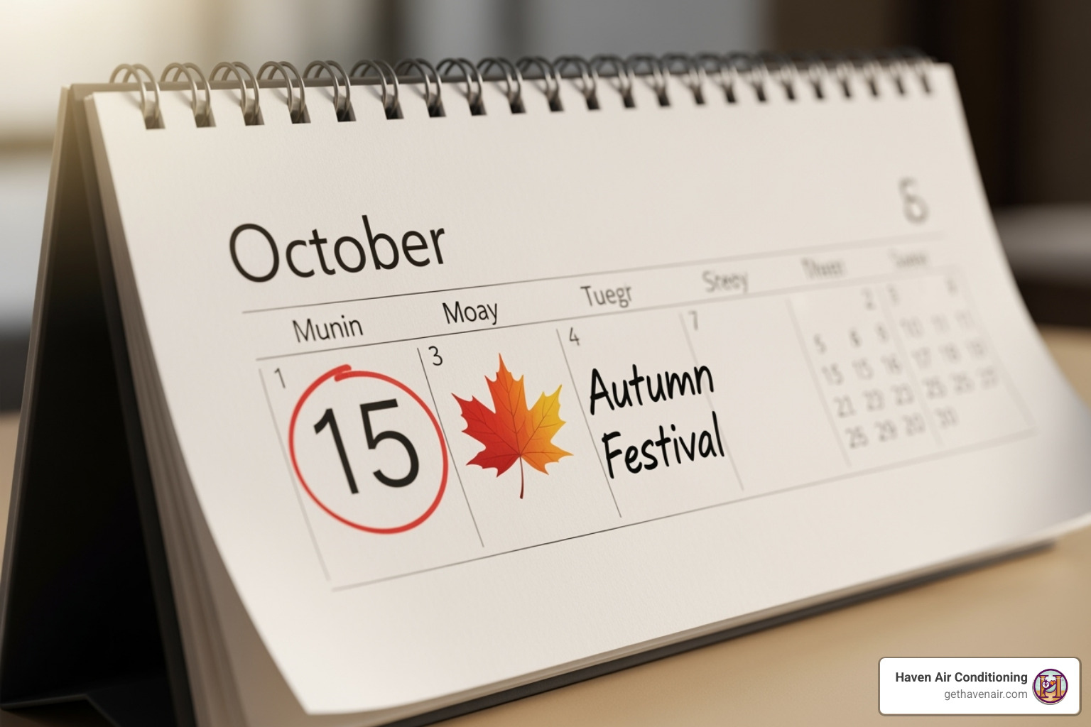 image of a calendar with a leaf icon marking a fall appointment - heater tune up
