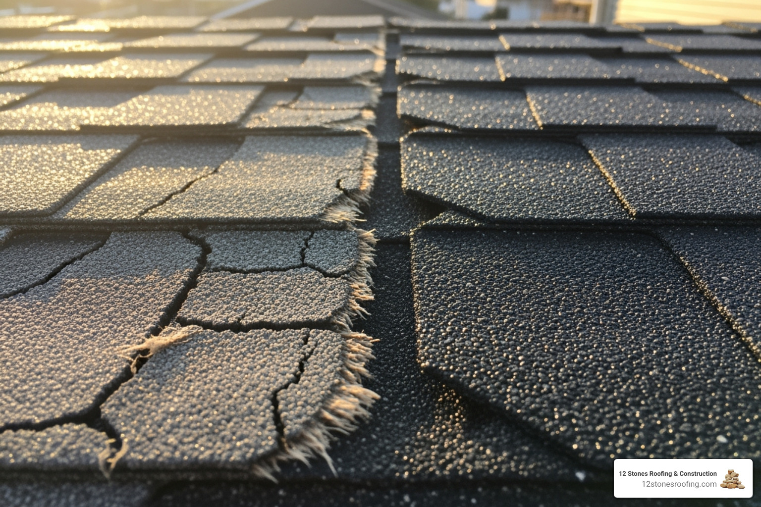 Sun-beaten, cracked shingle next to a new one - houston roofing contractor