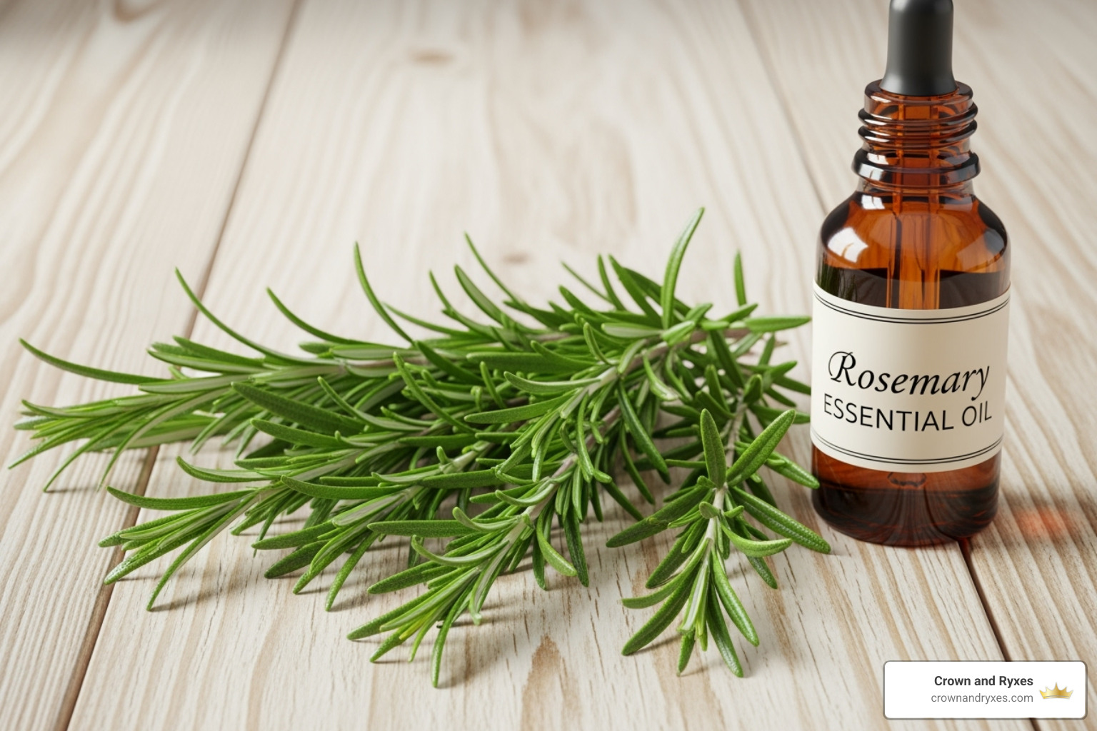 Rosemary sprigs and a bottle of rosemary essential oil - best herbal remedy for hair loss