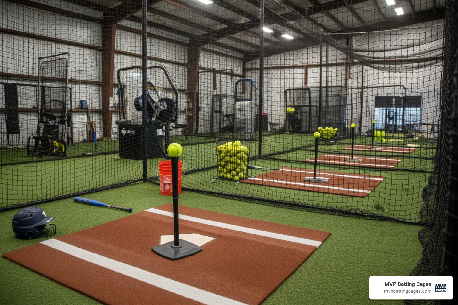 Hitting drill stations set up in a batting cage - Hitting drills softball