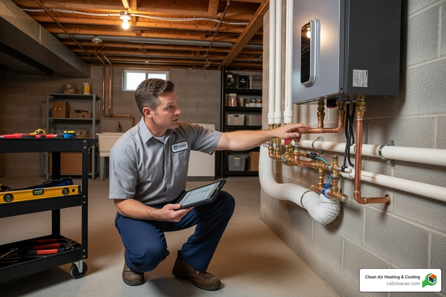 technician assessing a home's plumbing and venting for installation - tankless water heater experts