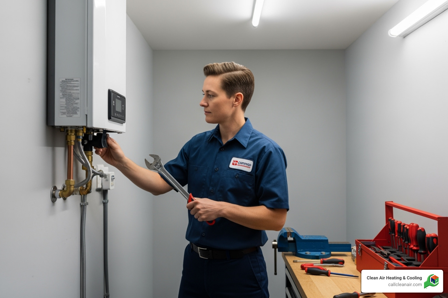 certified technician servicing a tankless water heater unit - tankless water heater experts