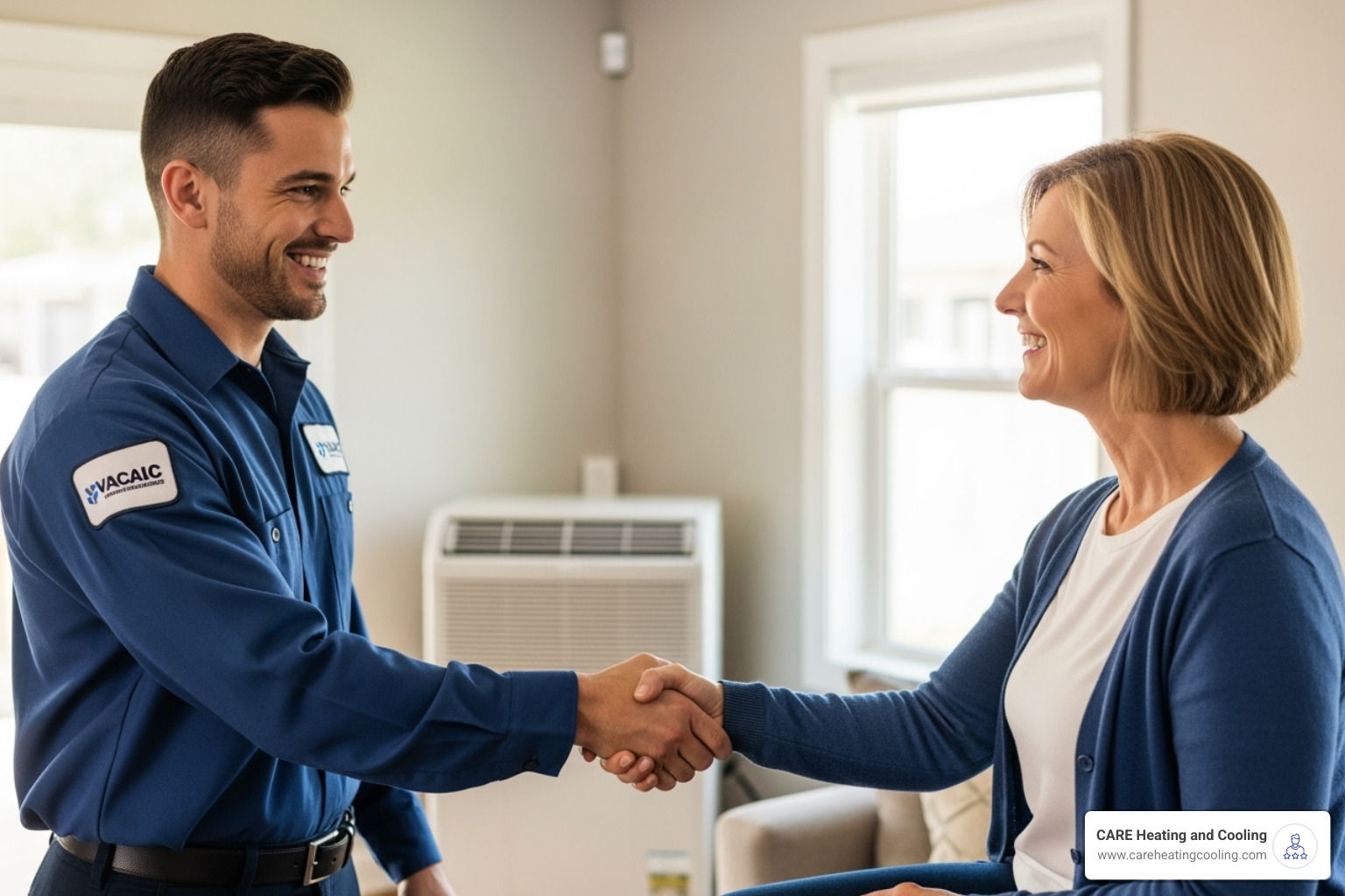 friendly, uniformed technician shaking hands with a satisfied homeowner - emergency AC repair