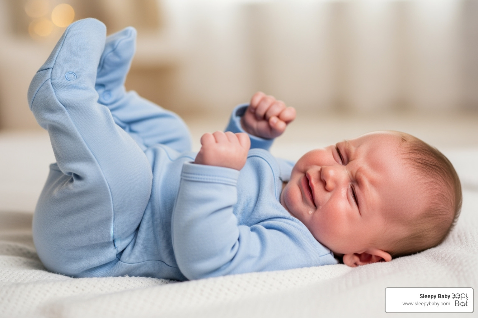 Baby with clenched fists and legs pulled up - colic in infants meaning