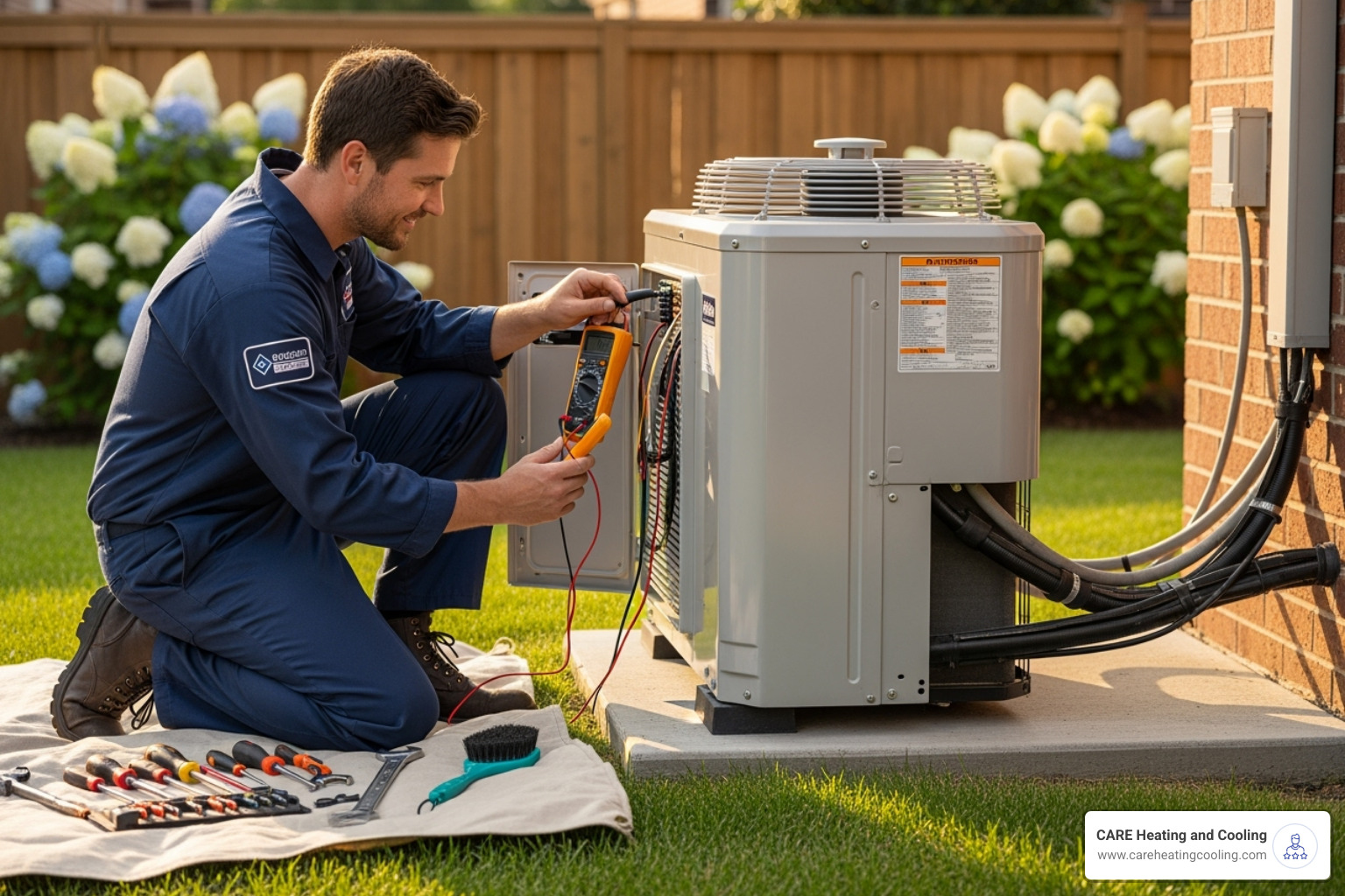 technician performing an AC tune-up on an outdoor unit - emergency AC repair