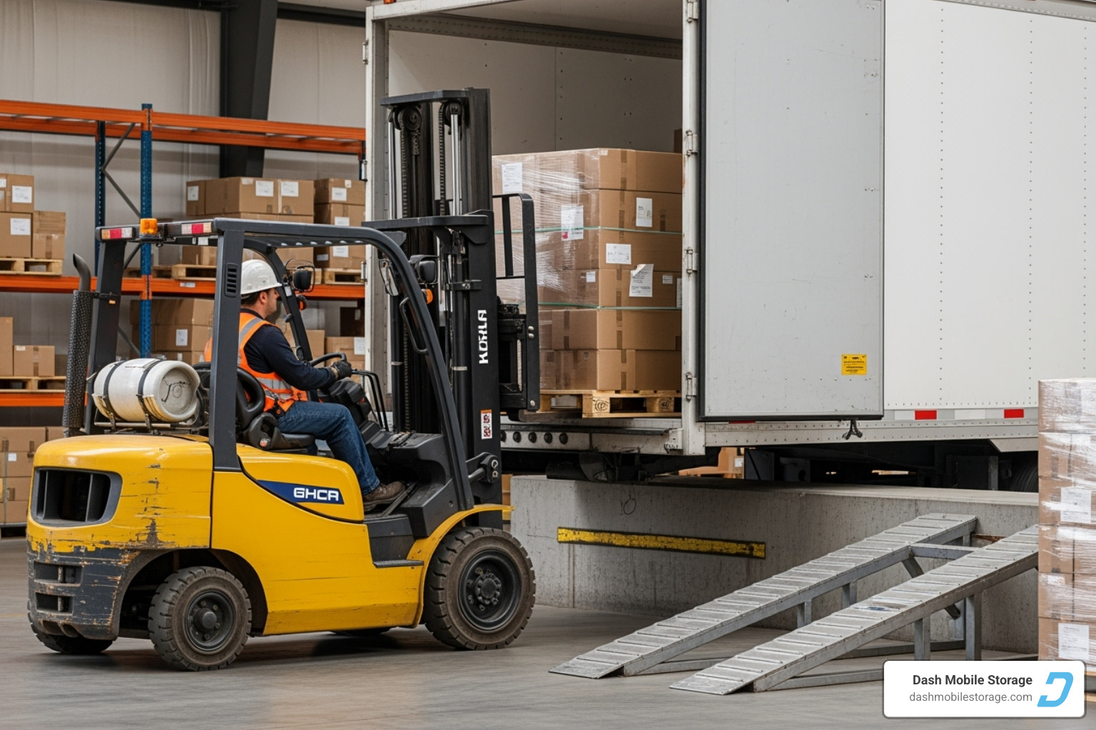forklift loading pallets into a dock-height storage trailer - semi trailers for storage