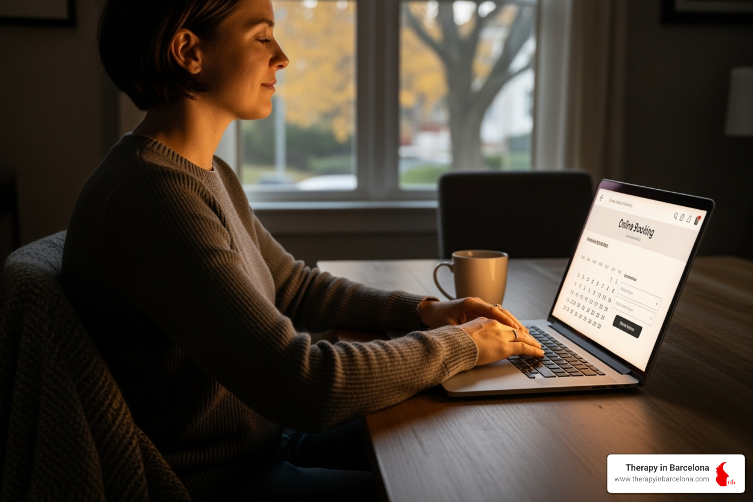 A person calmly looking at a laptop, suggesting the process of booking a session online - english therapy Barcelona A person calmly looking at a laptop, suggesting the process of booking a session online - english therapy Barcelona