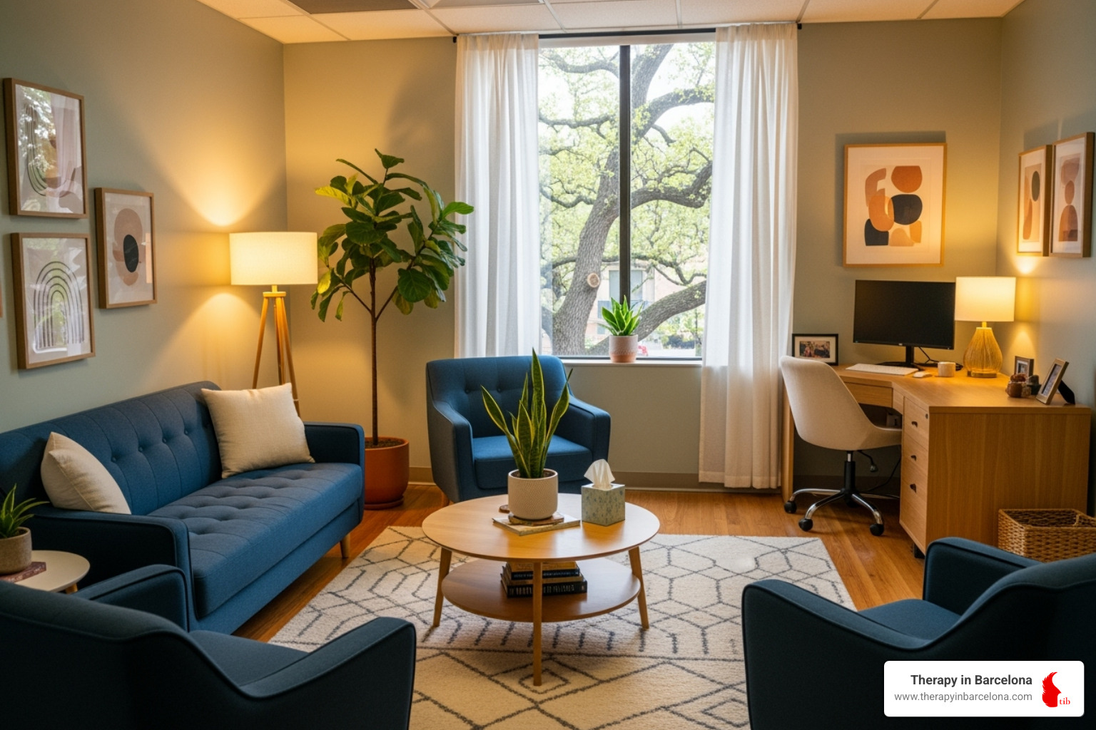 A comfortable and professional therapy office interior, with warm lighting and a plant - english therapy Barcelona A comfortable and professional therapy office interior, with warm lighting and a plant - english therapy Barcelona