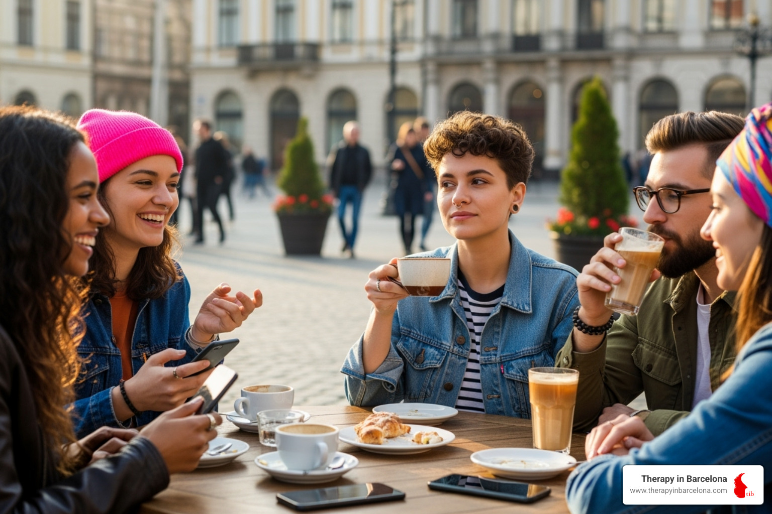 A diverse group of friends enjoying coffee in a Barcelona plaza, one person looking contemplative - english therapy Barcelona A diverse group of friends enjoying coffee in a Barcelona plaza, one person looking contemplative - english therapy Barcelona
