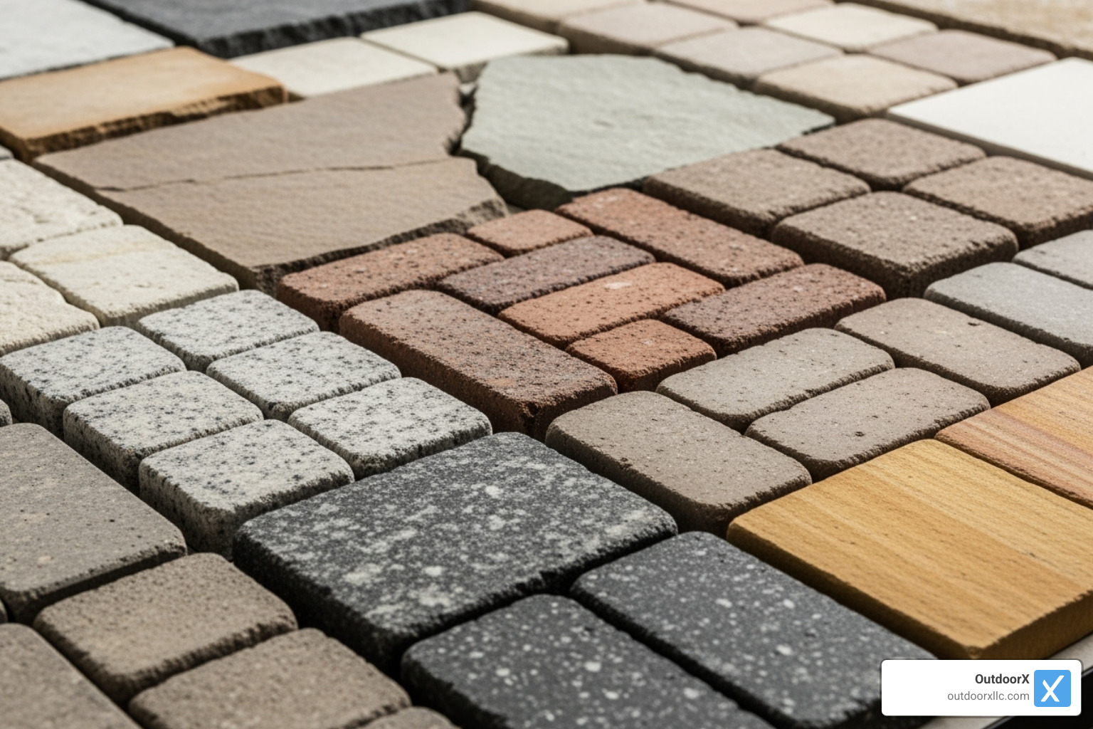 a display of different paver, natural stone, and brick samples - patio hardscaping near me a display of different paver, natural stone, and brick samples - patio hardscaping near me