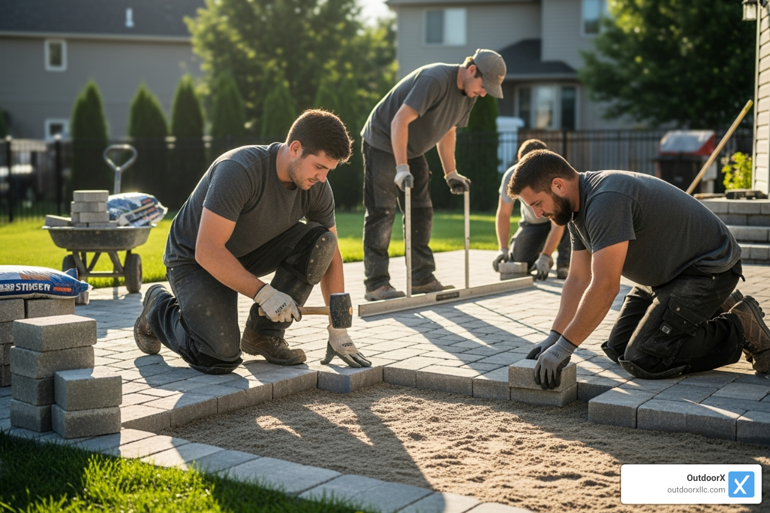 a professional crew carefully laying pavers for a new patio - patio hardscaping near me a professional crew carefully laying pavers for a new patio - patio hardscaping near me