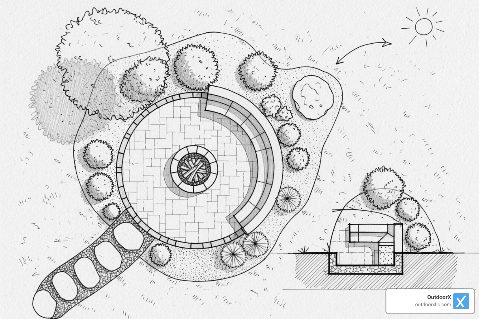a landscape designer's sketch of a patio with integrated features like a fire pit and seating wall - patio hardscaping near me a landscape designer's sketch of a patio with integrated features like a fire pit and seating wall - patio hardscaping near me