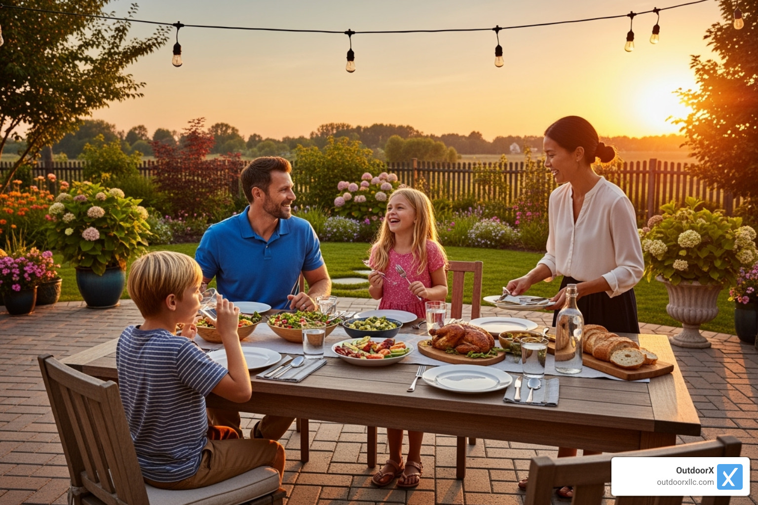 a family enjoying a meal on a beautiful paver patio - patio hardscaping near me a family enjoying a meal on a beautiful paver patio - patio hardscaping near me