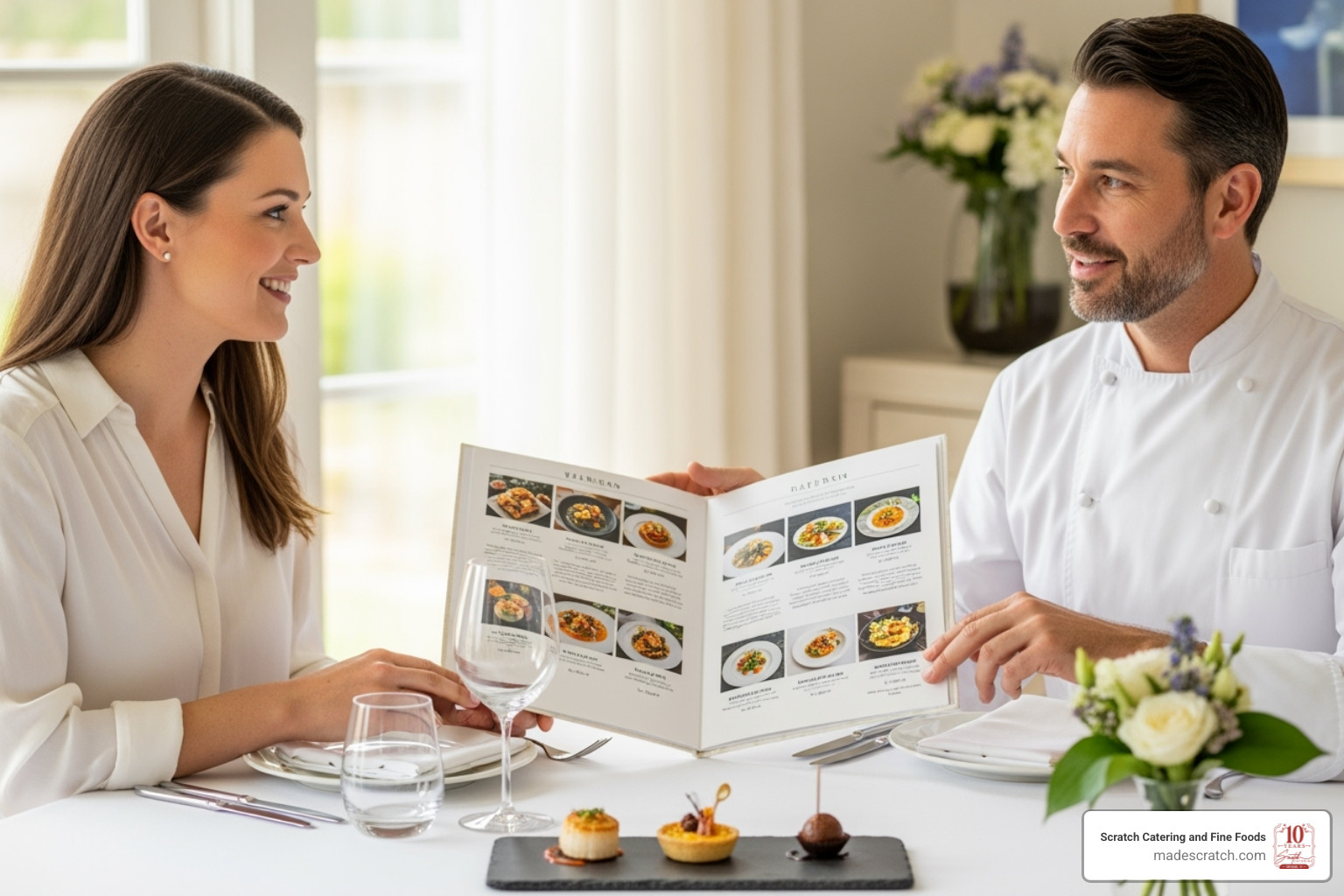 Client happily consulting with a caterer - catering services DFW Client happily consulting with a caterer - catering services DFW